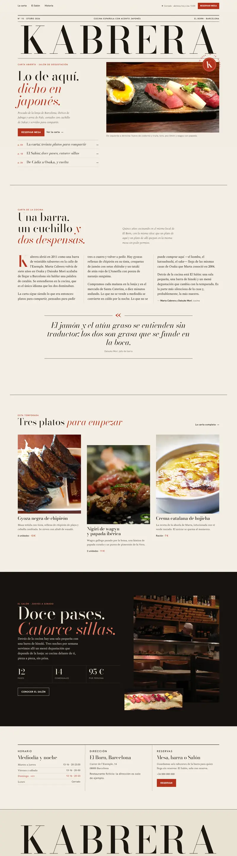 Captura completa de la web de Kabrera, restaurante